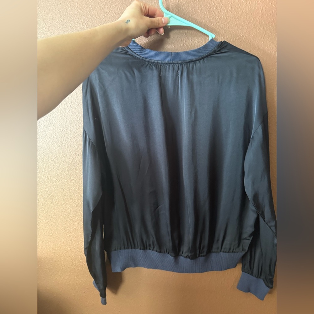 NATION LTD Women’s Small Black Satin Navy Banded Long Sleeve Blouse Top